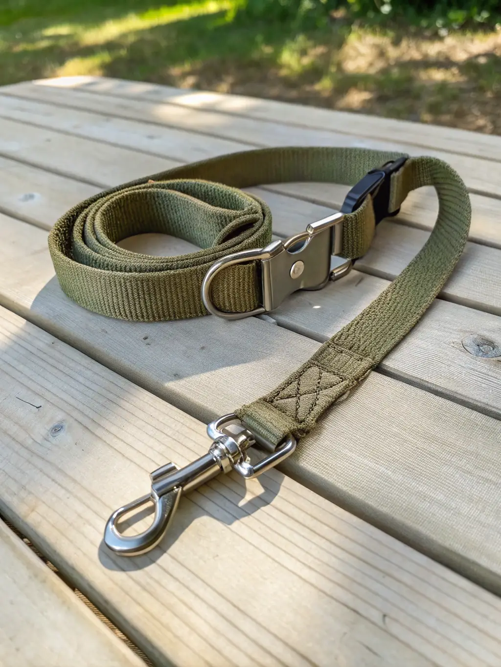 A stylish dog collar and leash set, displayed on a mannequin or against a natural outdoor backdrop, showcasing the quality and design.