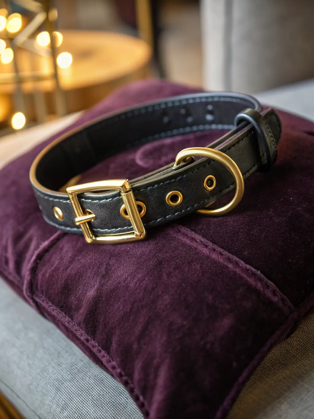 A close-up shot of a stylish, adjustable dog collar with a secure buckle, displayed on a clean white background.