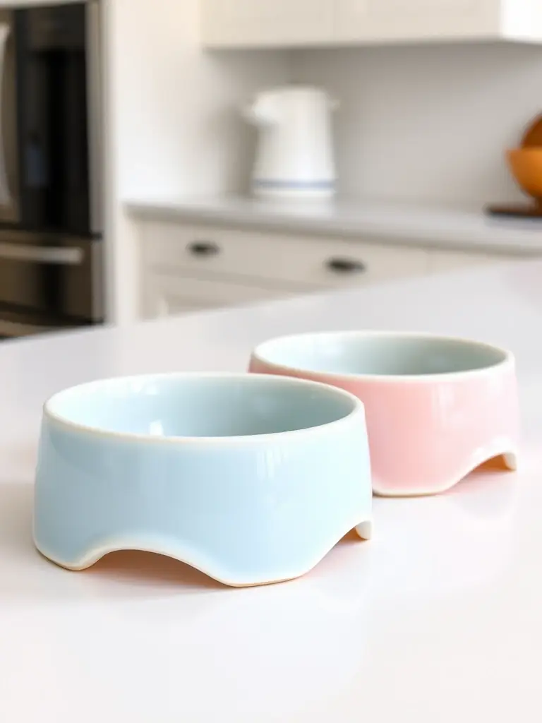 A set of colorful, non-slip pet bowls in various sizes, arranged neatly on a wooden surface.