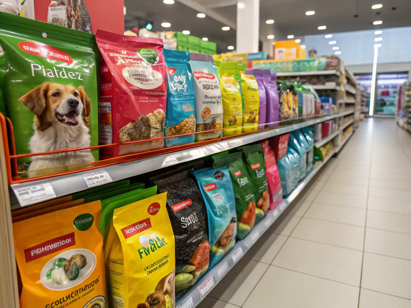 A colorful display of different dog food bags and bowls filled with kibble, showcasing the variety and quality of dog food options available at Pupil's World.