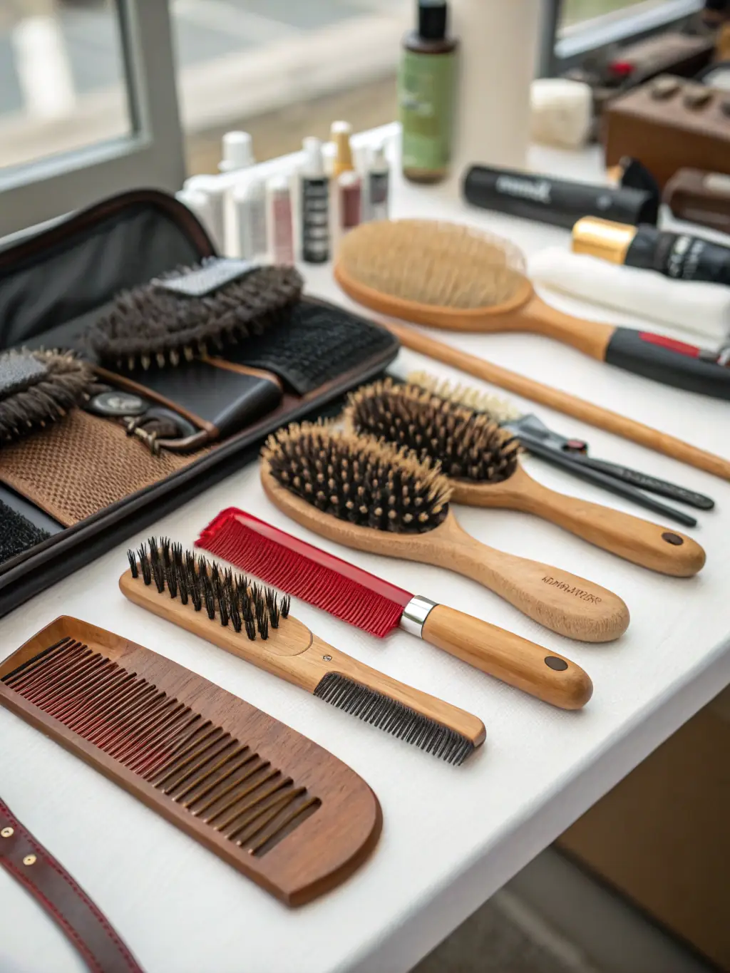 A grooming kit with brushes, combs, and nail clippers, neatly arranged on a grooming table.