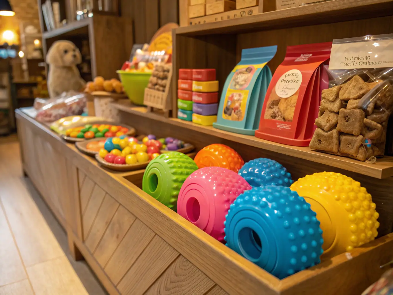 A display of stylish collars, leashes, and pet bowls in bright, cheerful colors, showcasing the essential and fashionable accessories available at Pupil's World.
