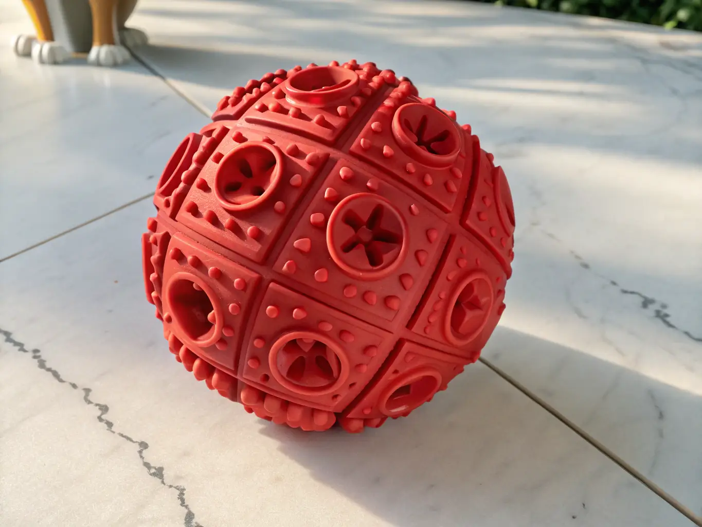 A close-up shot of a plush toy shaped like a squirrel, designed for dogs, showcasing its soft texture and durable stitching.