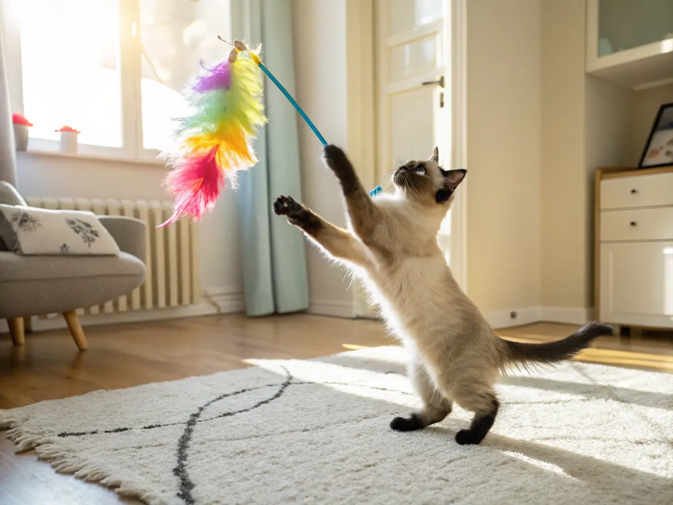 A vibrant image of a cat playing with a colorful feather wand toy, highlighting the cat's engagement and excitement.