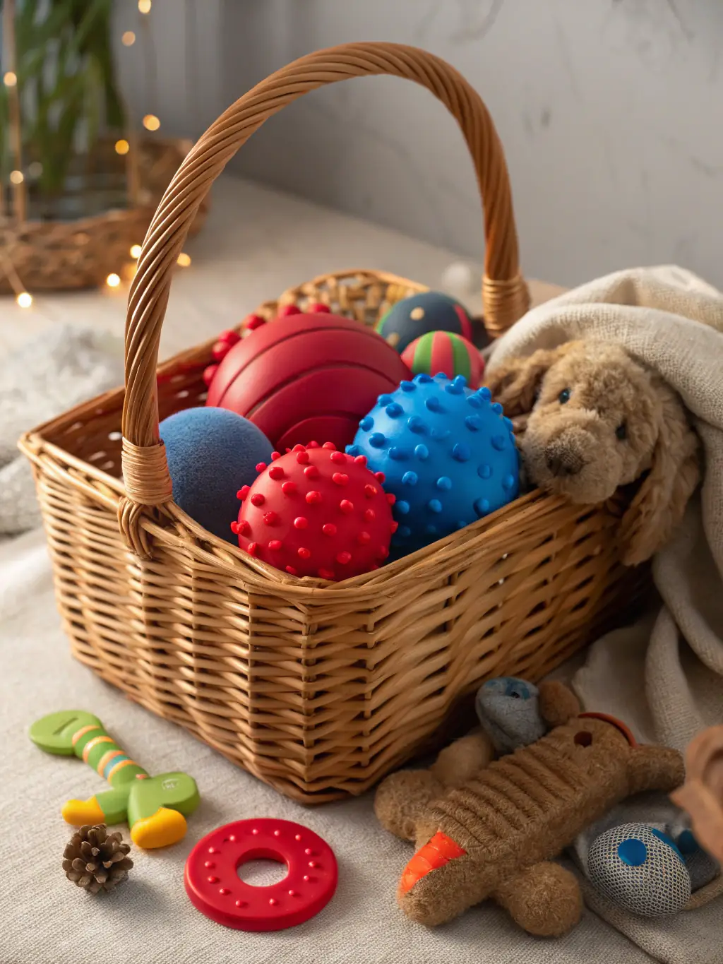 A colorful assortment of dog toys, including plush toys, chew toys, and interactive puzzles, arranged in a playful and inviting manner.