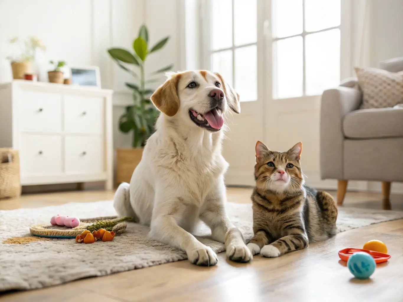 A playful scene with dogs and cats playing with colorful toys like balls, squeaky toys, and plush animals, highlighting the fun and engaging toy selection at Pupil's World.