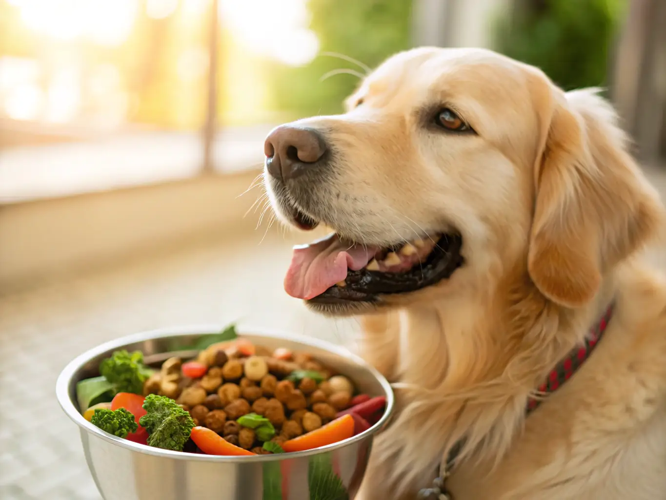 A happy, healthy dog enthusiastically eating wet dog food from a bowl, highlighting the palatability and hydration benefits of wet food options at Pupil's World.